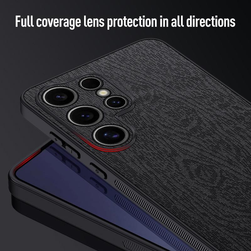 For Samsung Galaxy S25 Ultra Case Wood Texture PU Leather Coated PC+TPU Phone Cover