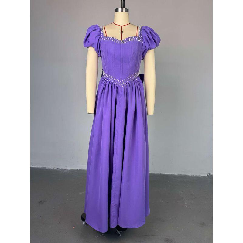 

European and American New Elegant Elegant Square Collar Beaded High Waist Dress Sexy Backless Beaded Dress Purple 2XL