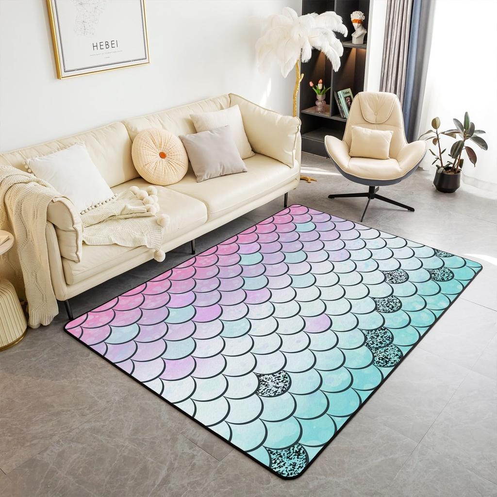 Koberec s potiskem mořských šupin Barevný Zábavný Potisk rybích šupin Koberec do obývacího pokoje Oceánský motiv Vnitřní podlahová rohožka Třpytivá Dekorativní rohožka