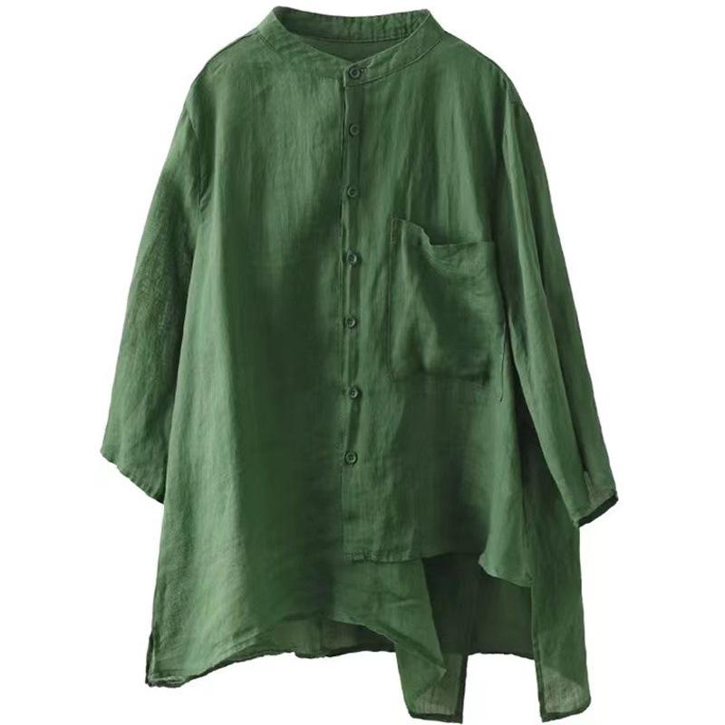 Women's Retro Cotton and Linen Shirt, Spring/Summer 2024, Loose Three-Quarter Sleeves, Belly-Covering, Lightweight Top