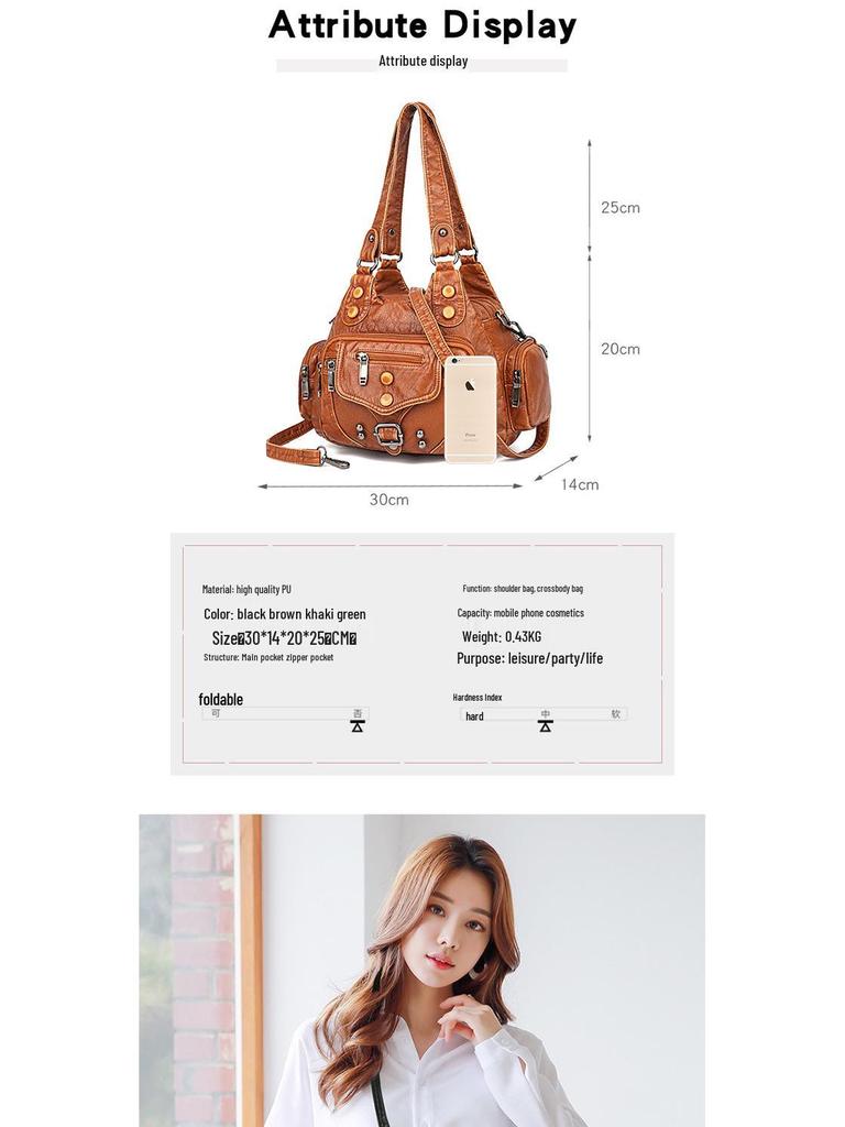 Women's Color Block Rivet Washed Leather Crossbody Handbag, Soft Leather, Large Capacity, Multi-Layer, Single Shoulder