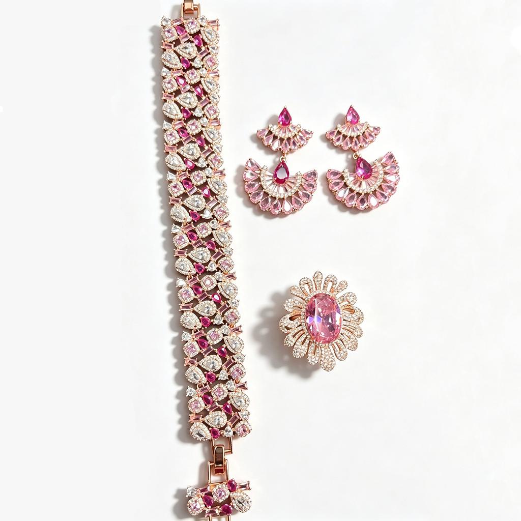 TIANSHE (Ohrringe/Armband/Ring 3-teiliges Set) Modeschmuck im europäischen/amerikanischen Stil, schwere Industrie, mikroeingefasster rosa Zirkon
