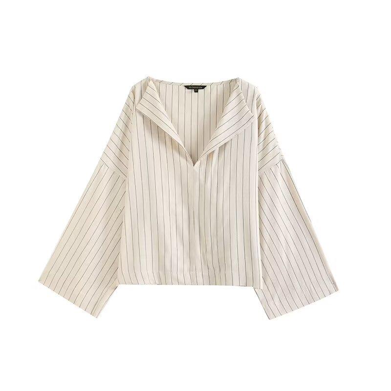

2025 Spring Women s Striped V-Neck Long-Sleeve Casual Pullover S грязно-белый