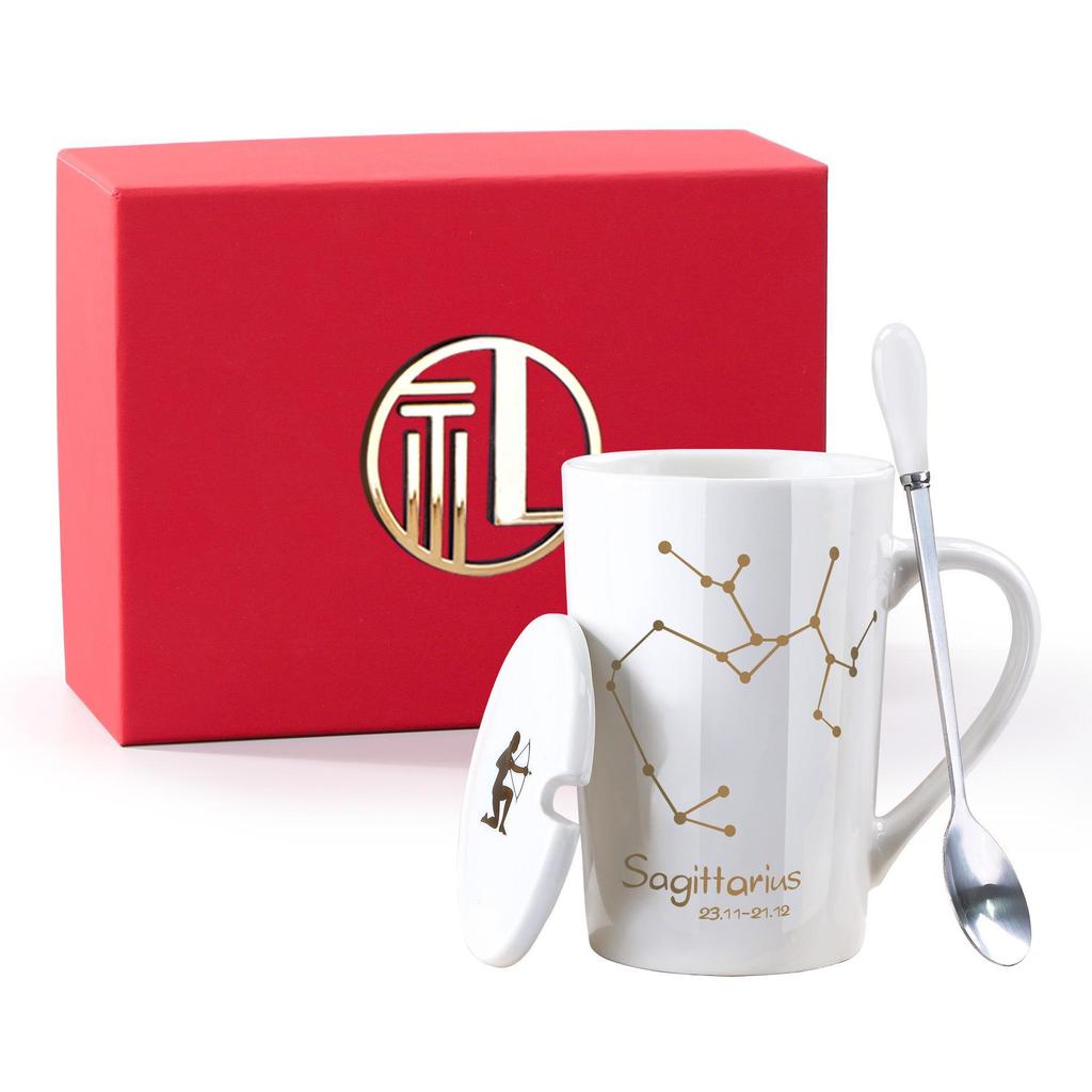 Kreatywny ceramiczny kubek - konstelacje zodiakalne z pokrywką i łyżeczką, idealny prezent dla par