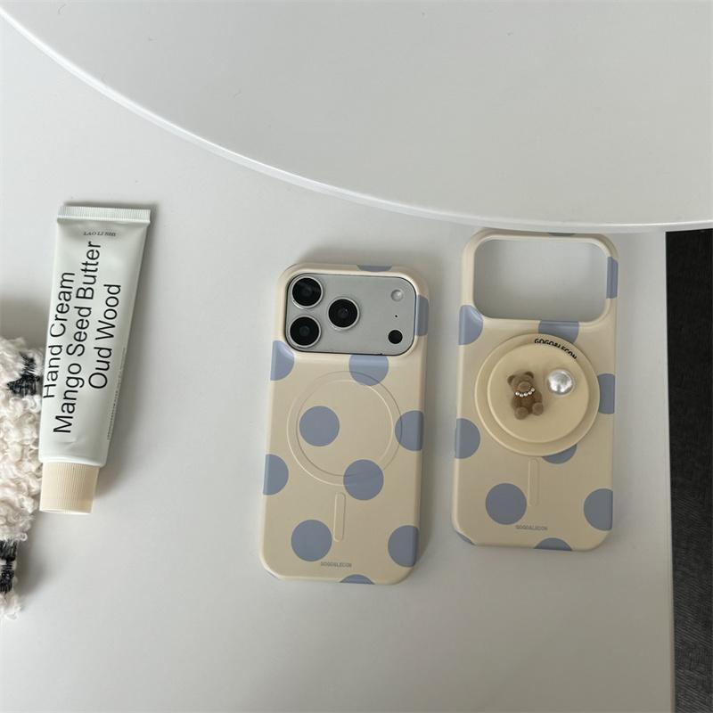 Soft Beige Gray Polka Dot For MagSafe Case With 3D Teddy Bear Pearl Pop Socket For iPhone 15 16 17 Pro Max INS Kawaii Shockproof