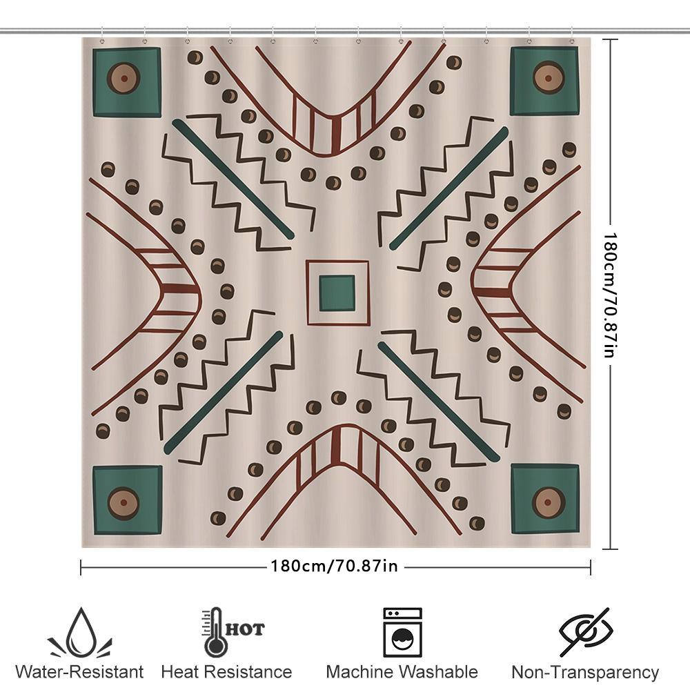 Bathroom Shower Curtain Set with Modern Geometric Print for Home Decor Green Brown Colors, Waterproof Fabric Material, Perfect M