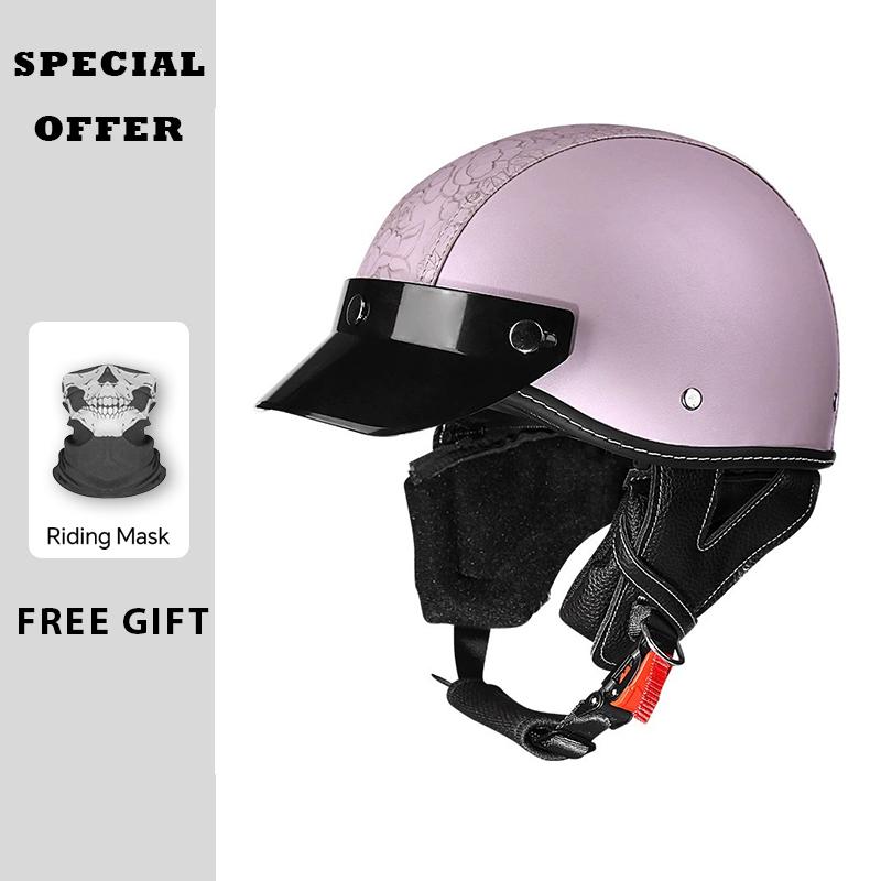 Brown Grid Half Helmet Leather Men Women Half Face Motorcycle Helmets Electric Cruiser Lightweight Small Shell DOT Approved