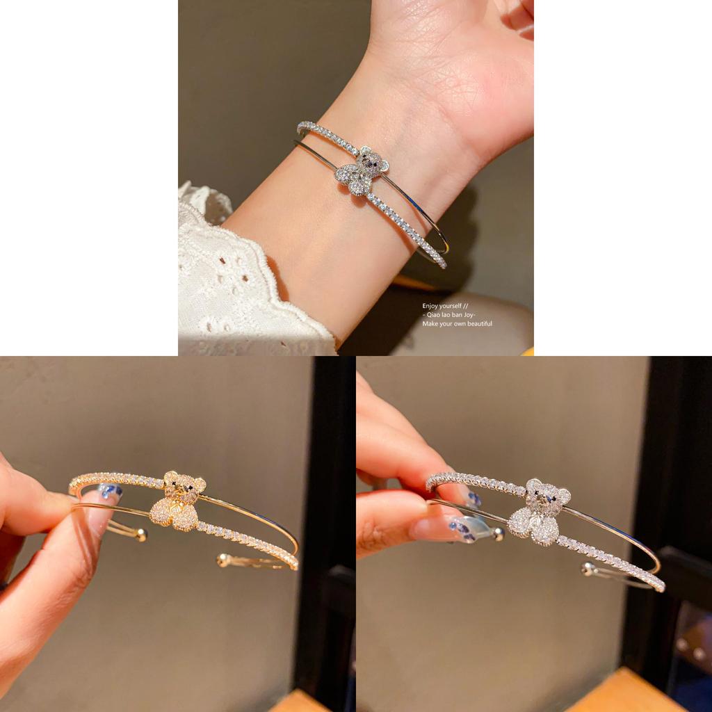 Small Bear Zircon Doublelayer Open Bracelet With Cubic Zirconia For Fashionable Women