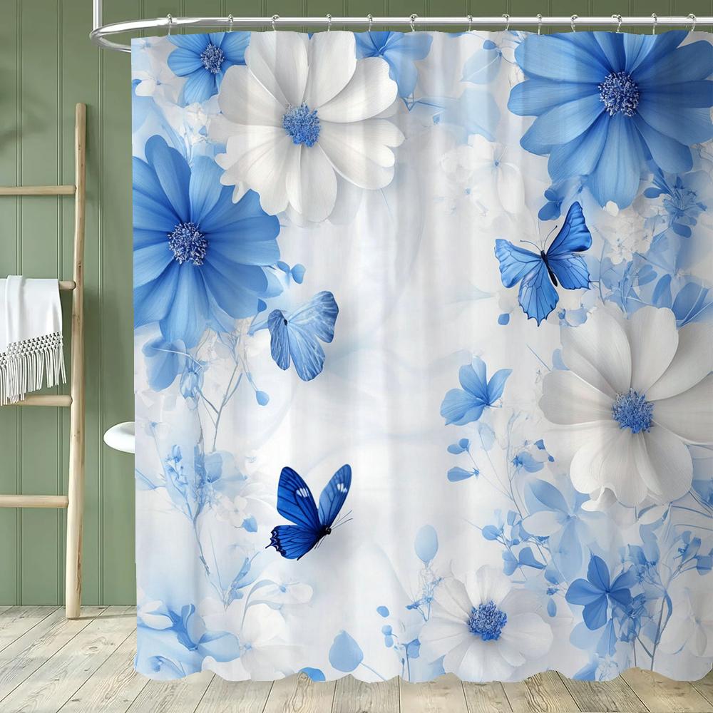 Blue Flowers and Butterflies Shower Curtain Bath Curtain Printed Polyester Floral Bathroom Curtains for Home Decoration Curtain