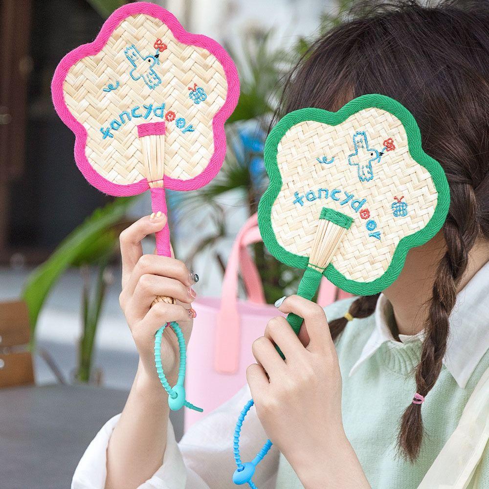Handheld Hand Cranked Fan Flower Shape Cute Woven Fan Summer Cooling Fan  Chinese Style