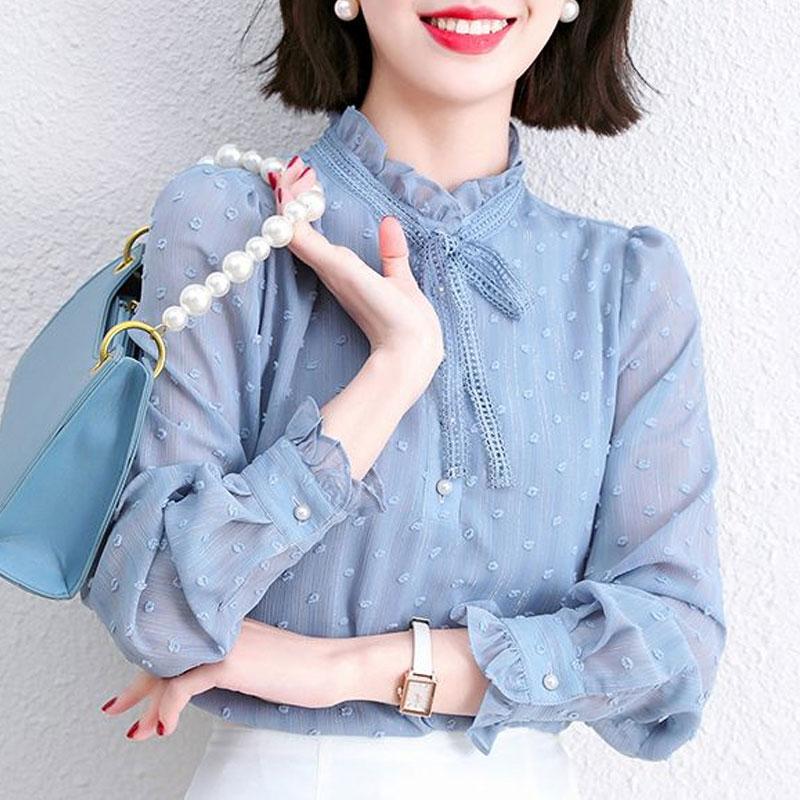 Spring Autumn Elegant Stand Collar Shirt Stylish Drawstring Bow Female Clothing Korean Solid Color Chic Pearl Button Blouse