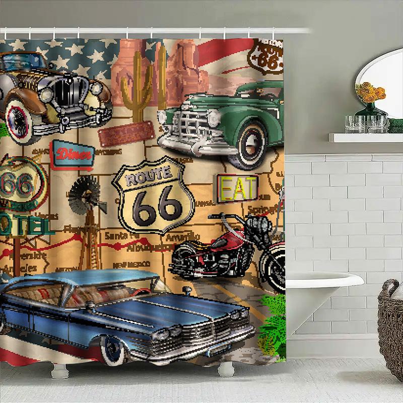Vintage Route 66-Themed Car Shower Curtain For Bathroom Decor Pixel Art Style Retro Design Featuring Classic American Automobile