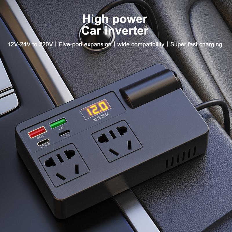 Auto-Wechselrichter 200W DC 12V/24V zu AC 220V Konverter Ein/Aus-Schalter QC 3.0 USB/PD/Type-C Ladegeräte Netzteil Spannungserkennung