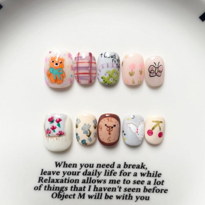 Hand-Painted Press-On Nails Short Square Cat Eye Design Cute Kawaii Style Wearable Nail Tips Women