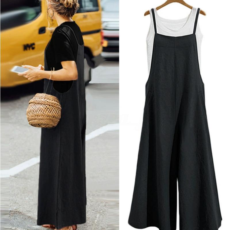 Damski Letni Kombinezon Bez Rękawów Jednolity Kolor Szeroka Nogawka Ogrodniczki Casualowy Luźny Bawełna Len Ramiączka