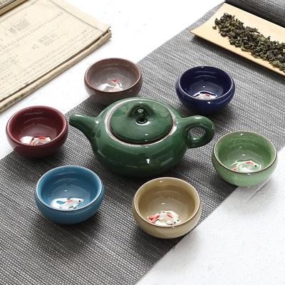 Ice Crackle Fish Pattern Ceramic Gongfu Tea Set: 1 Teapot & 6 Teacups Gift Box