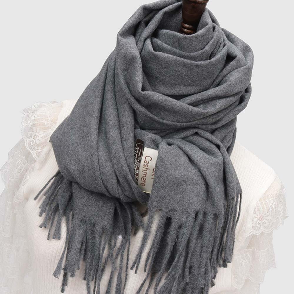 Polyester Classic Wool Scarf Soft Long Neckscarf with Tassel Large Solid Color Shawl  Men