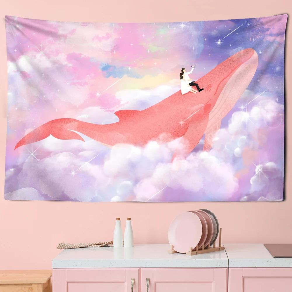 Whale Pattern Hanging Cloth Cartoon Pink Purple Cloud Room Tapestry Home Decoration Bedroom Wall Background Cloth