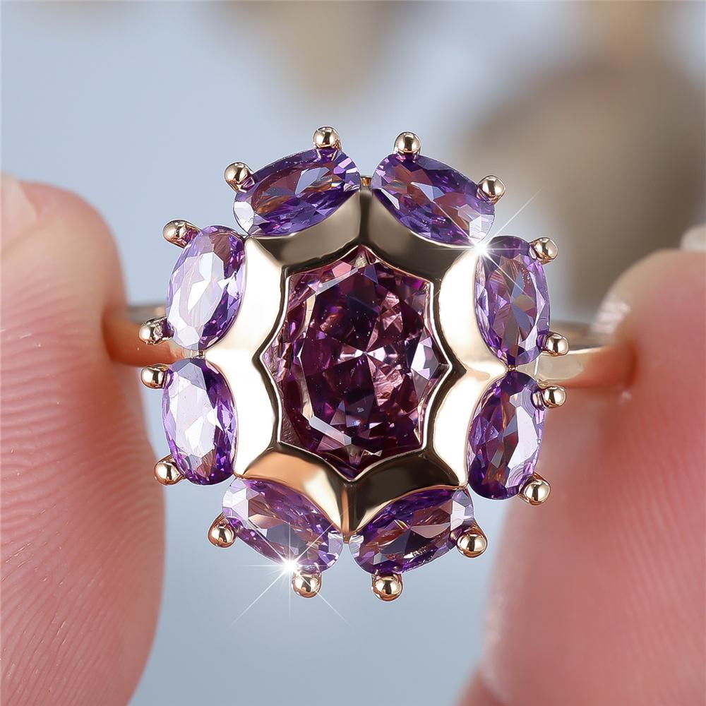 Anello di Fidanzamento Ovale con Pietra di Zircone Viola da Donna Charm Colore Oro Giallo Vintage Gioielli da Matrimonio per Donne