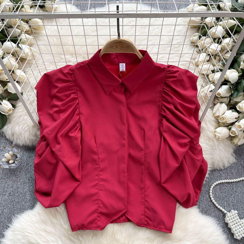 

South Korea Dongdaemun Women s Clothing Shirt Niche Design Ruched Puff Sleeves Lapel Single Breasted All-Matching Short Top Red One size