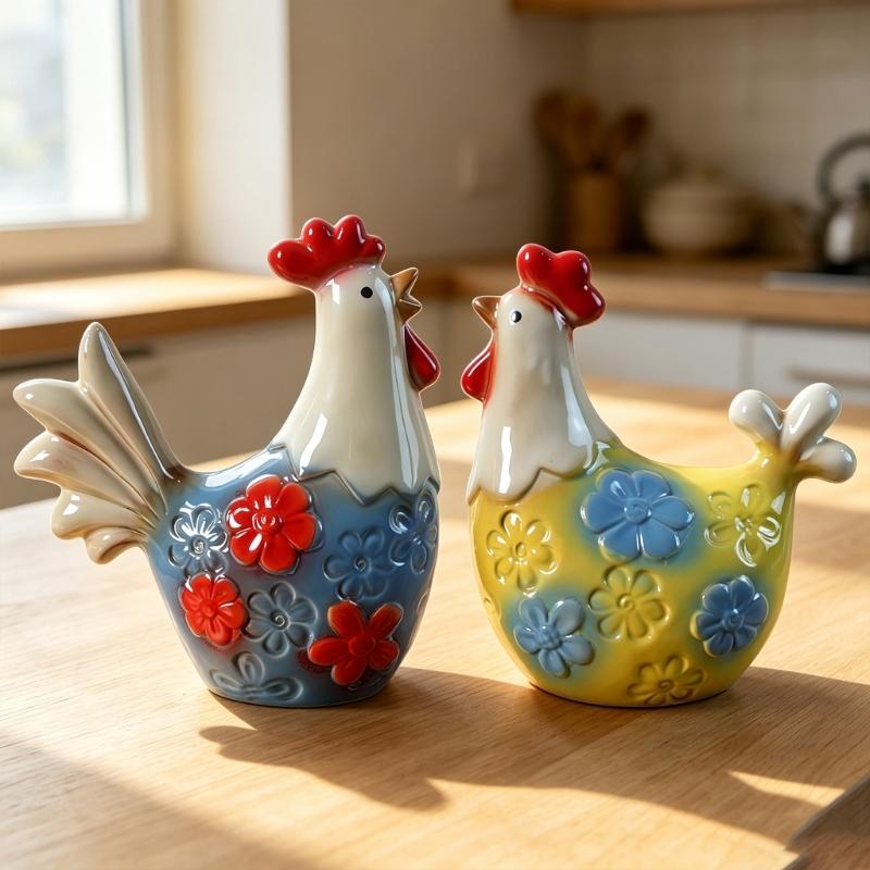 2 Pack Glazed Ceramic Decors Farm Animal Figurine Floral Textured Table Accent for Shelf Cabinet Entryway Living Room and Desk Display