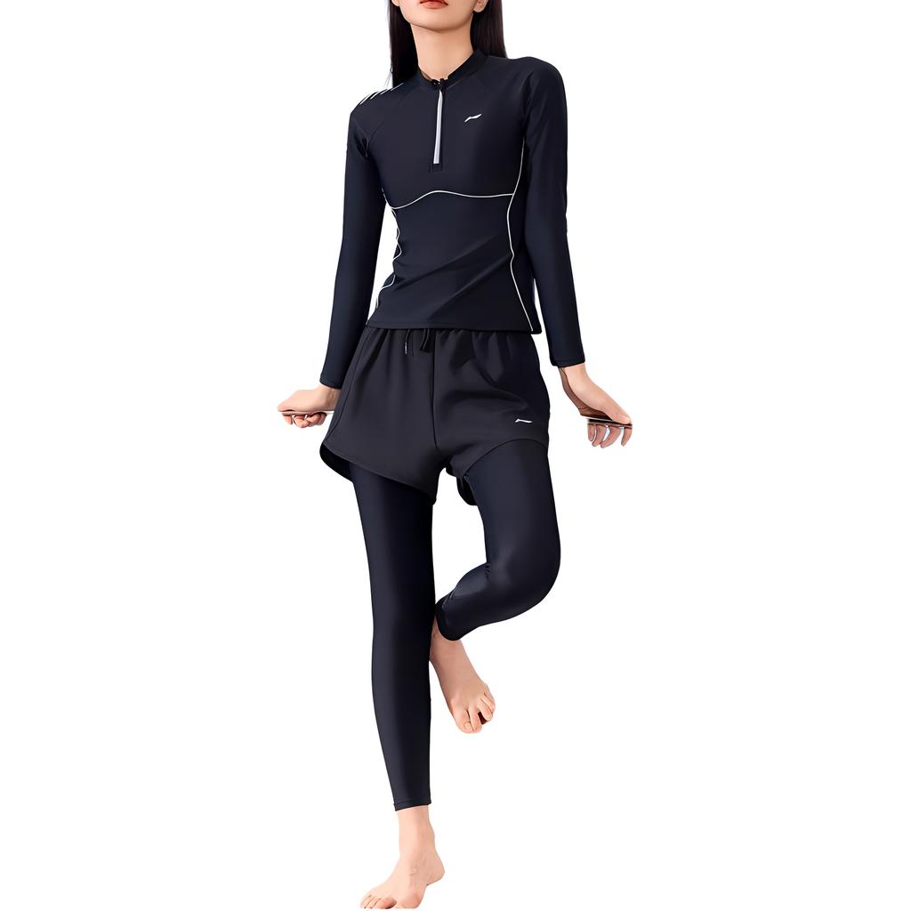 Li Ning Série Competitiva Cor Sólida Gola Redonda Pulôver Manga Longa Esportivo Casual Minimalista Recorte Conjunto de Fato de Banho Feminino LNYW052-1