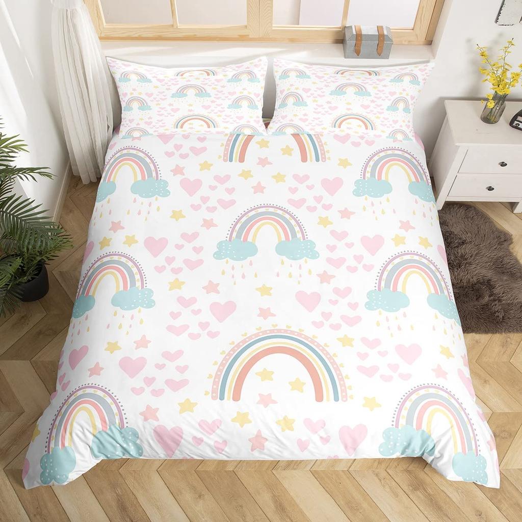 Carton Rainbow King Quen Soft Duvet Cover Children Kids Young Girls Clouds Beding Set Love Heart Warm Comforter Cover Polyester Comfortable Quilt