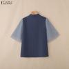 ZANZEA Women Casual Stand Collar Mesh Splice Half Sleeve Blouse