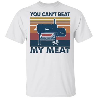 Retro BBQ You Cant Beat My Meat Graphic Tee  100 Cotton Short Sleeve Crew Neck In Black with Colorful Stripe Design