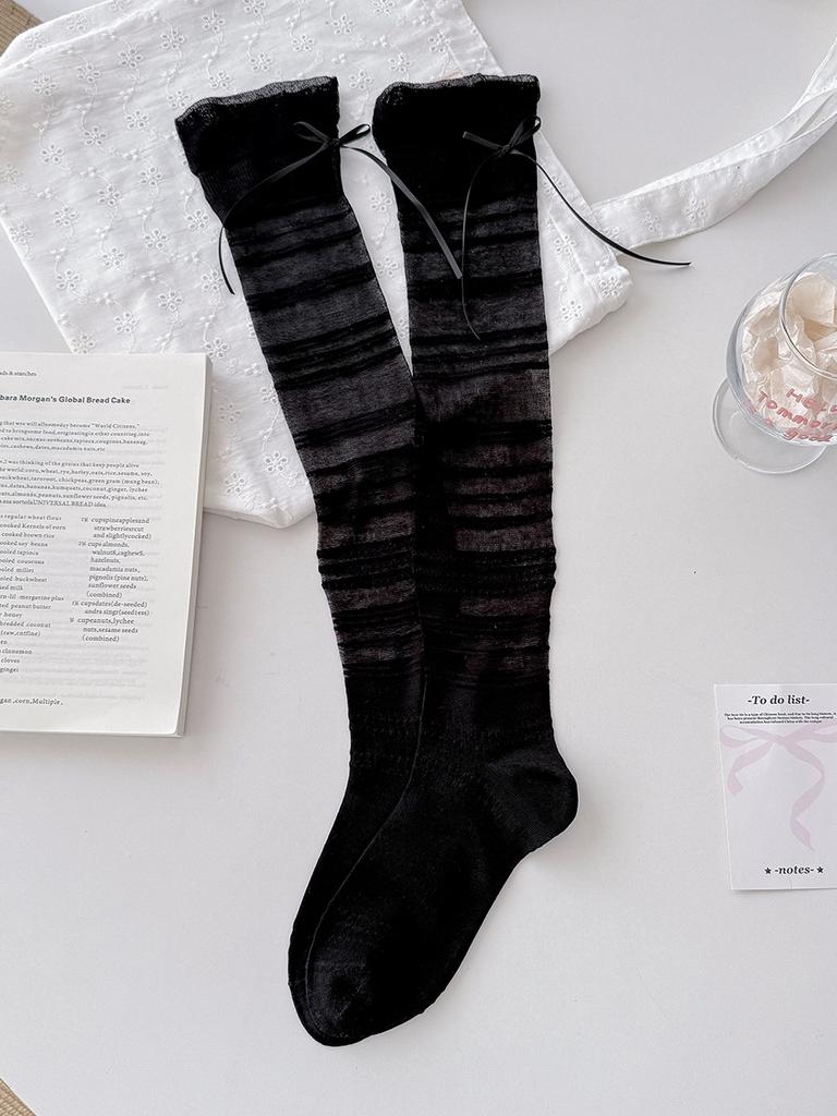 Spring And Summer Ultra-Thin Rear Streamer Bow Calf Socks Women'S Clear And Cool Boneless Stacking Socks Japanese White Medium Tube Socks