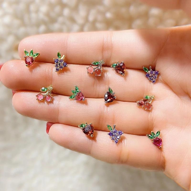 Tropical Fruit Zircon No-Piercing 925 Silver Stud Earrings – Lightweight Luxury Dangles for Women