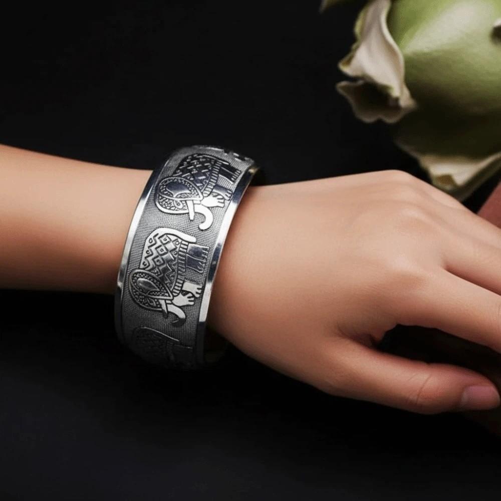 Lotus Silver Opening Bangle Vintage Thai Wrist Jewelry Carved Wide Bracelet Party