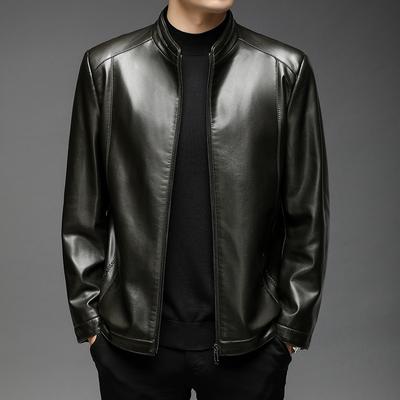 Autumn and Winter New Motorcycle Wear Men's Leather Clothing Middle Aged Men's Standing Collar Leather Clothing Thin Leather Coat Dad's Clothing