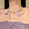 Elegant French Fabric Flower & Pearl Necklace: Glass Beaded Vacation Sweater Chain