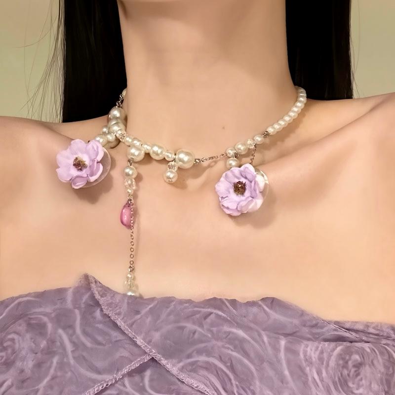 Elegant French Fabric Flower & Pearl Necklace: Glass Beaded Vacation Sweater Chain