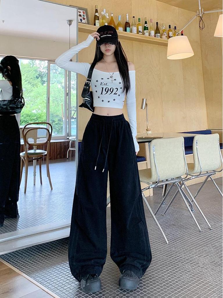 Plus Size Women's Pleated Wide-Leg Cargo Pants: Autumn Casual, Floor-Length Trousers