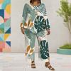 Women Plus Size Tropical Leaf Printed Round Neck Long Sleeve Layered Top Wide Leg Cropped Pants Two Piece Set