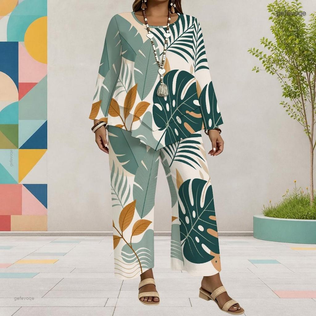 Women Plus Size Tropical Leaf Printed Round Neck Long Sleeve Layered Top Wide Leg Cropped Pants Two Piece Set