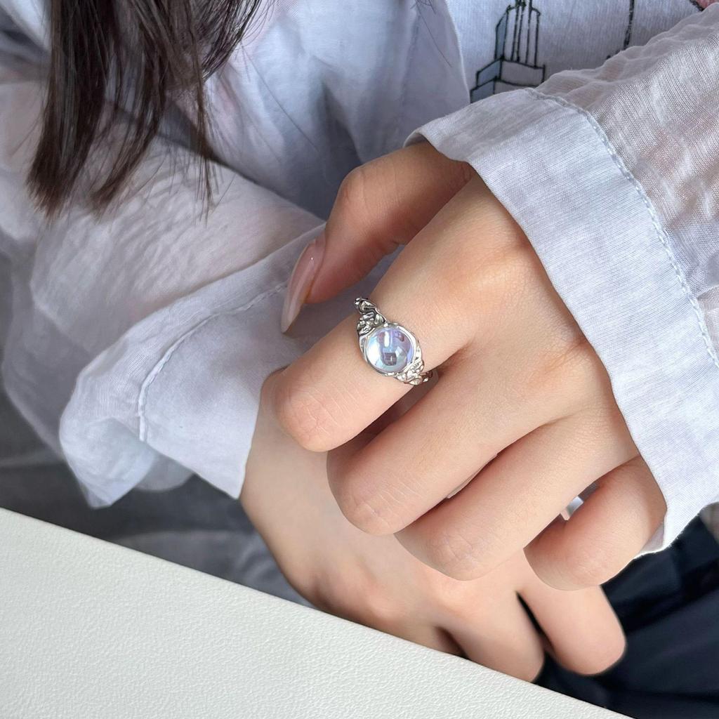 Korean Iridescent Moonstone Ring - Blue/White Gradient, Irregular Texture, INS Style