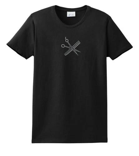 

Футболка парикмахера со стразами, расческой и ножницами, черная 4XL