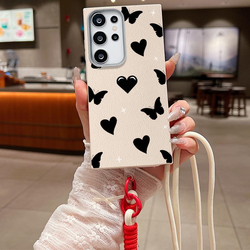 

Мягкий противоударный чехол для телефона с принтом «любовь, сердце, бабочка» для Samsung S25 Ultra S24 FE S23 S22 S21 A16 A55 A56 A15 A36, тонкий чехол из матового ТПУ через плечо Samsung A52 / A52S теплый белый