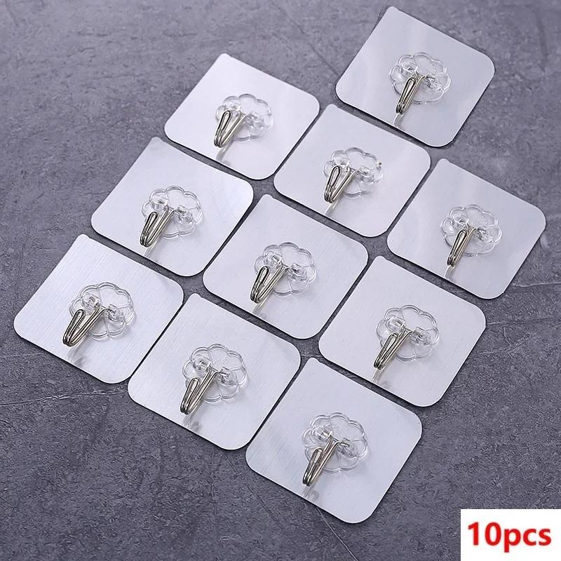 5/10PCS Transparent Stainless Steel Strong Self Adhesive Hooks Key Storage Hanger for Kitchen Bathroom Door Wall Multi-Function