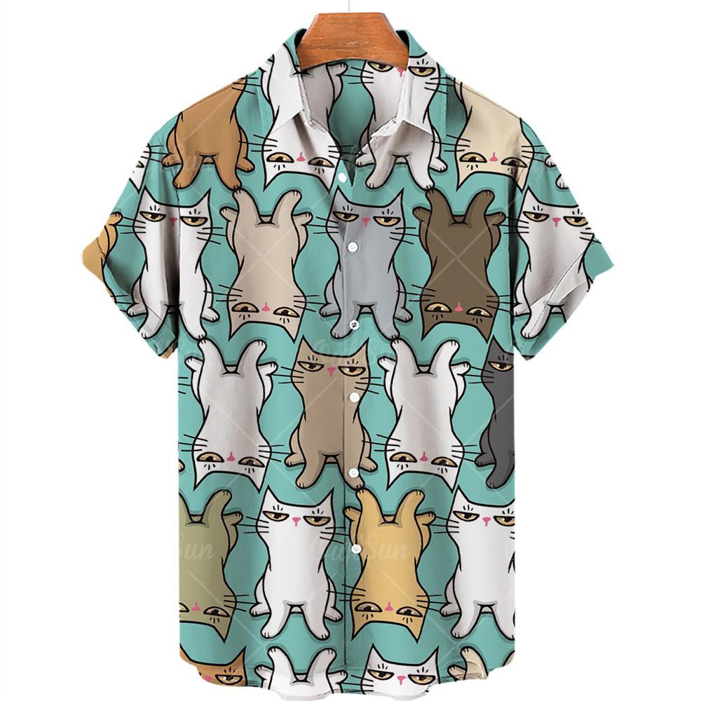 Men's Hawaiian Shirts 3D Cute Cat Print Short Sleeved Shirt Lapel Fashionable Casual Harajuku Cartoon New Clothing