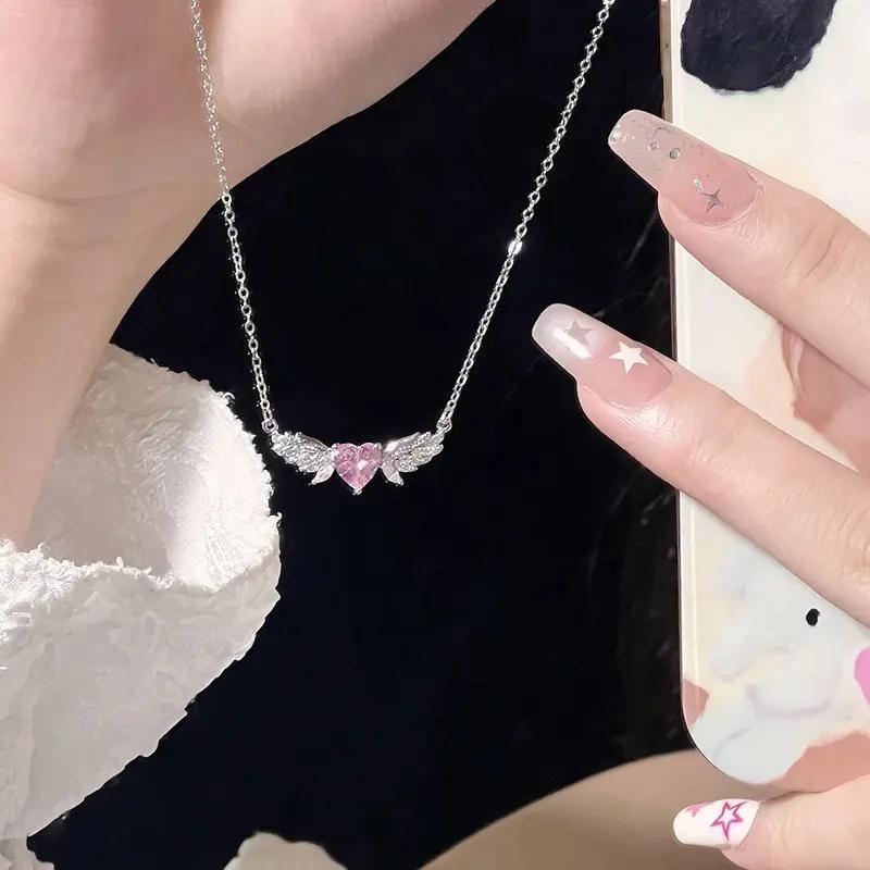 Angel Wings Pink Diamond Love Necklace Women's ins Niche Light Luxury Sweet Gentle Temperament Clavicle Necklace