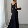 Women's Elegant Square Neck Bubble Long Sleeve Mesh Insert Jacquard Maxi Dress 3D Slimming A-Line Swing Long Dress