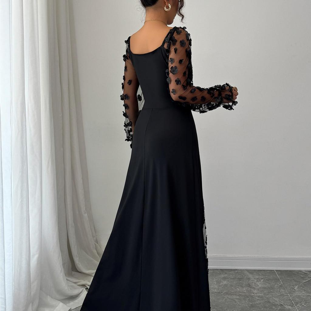 Women's Elegant Square Neck Bubble Long Sleeve Mesh Insert Jacquard Maxi Dress 3D Slimming A-Line Swing Long Dress