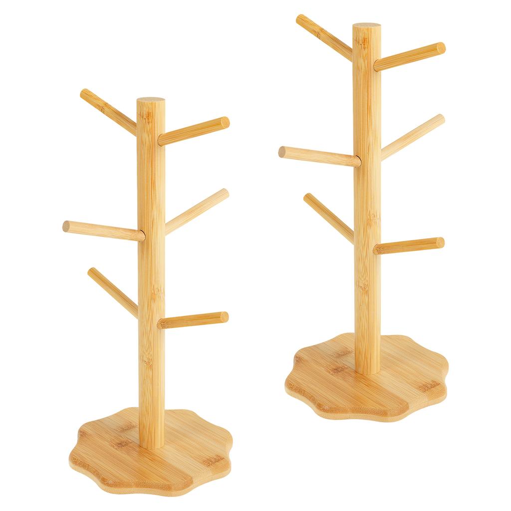 2Pcs Wooden Mug Hanging Display Rack Drinkware Shelf With 6 Hooks Tree Shape Coffee Tea Cup Storage Holder Stand Tumbler Holders