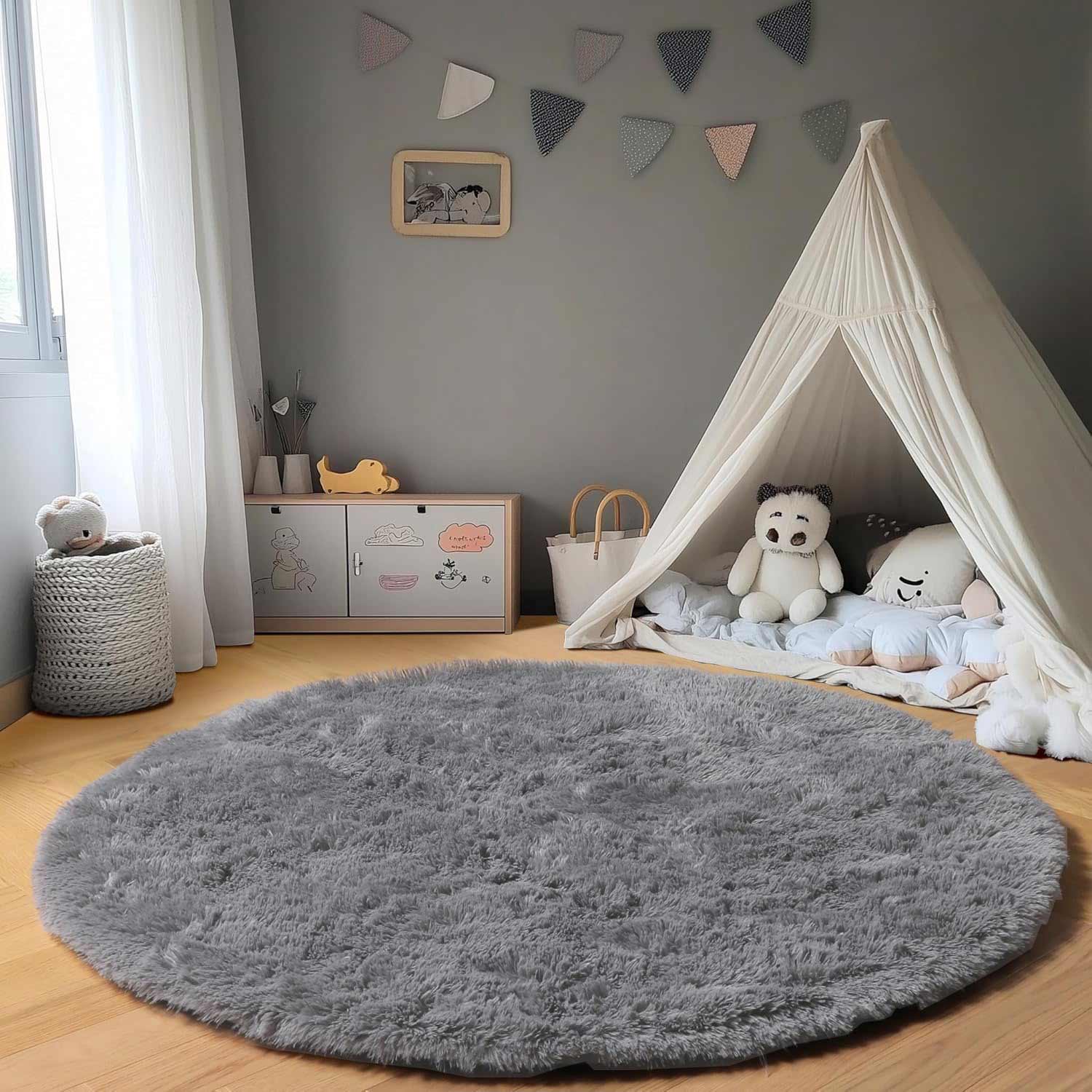 

Soft Silky Carpet Round Fluffy Sofa Area Rug for Living Room Kids Bedroom Shaggy Floor Mats Warm Home Decoration Pet Mat Gray Diam140cm(55inch) сірий колір
