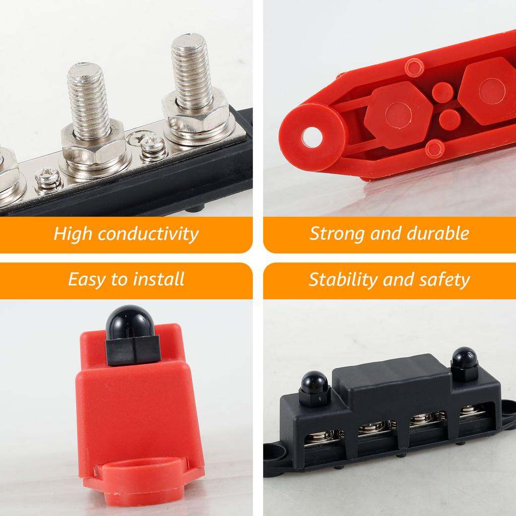 Power Distribution Block 250A 48V DC Bus Bar Battery Power Distribution Block with Cover Screws Positive Negative Terminal Block
