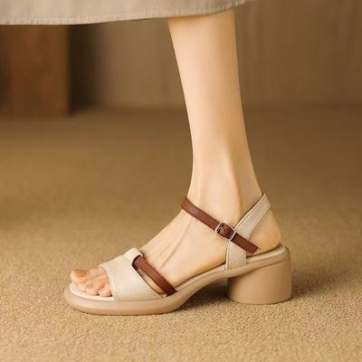 Fashion Summer 2025 New Thick-soled, Thick-heeled Sandals for Women, Retro Color-blocking, Versatile Casual High-heeled Roman Shoes